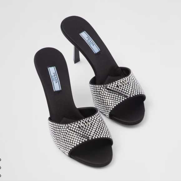 NWT$1,650 PRADA Satin Crystal Open Toe Logo Embellished Slides Mules Sz 39 - Picture 7 of 17